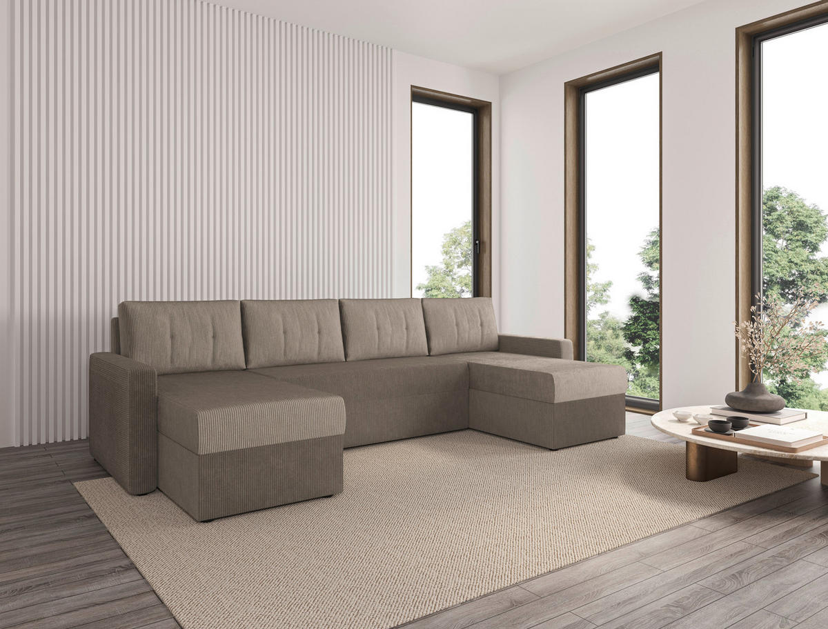 WOHNLANDSCHAFT Taupe Cord  - Taupe/Schwarz, KONVENTIONELL, Kunststoff/Textil (152/290/152cm) - Ti'me