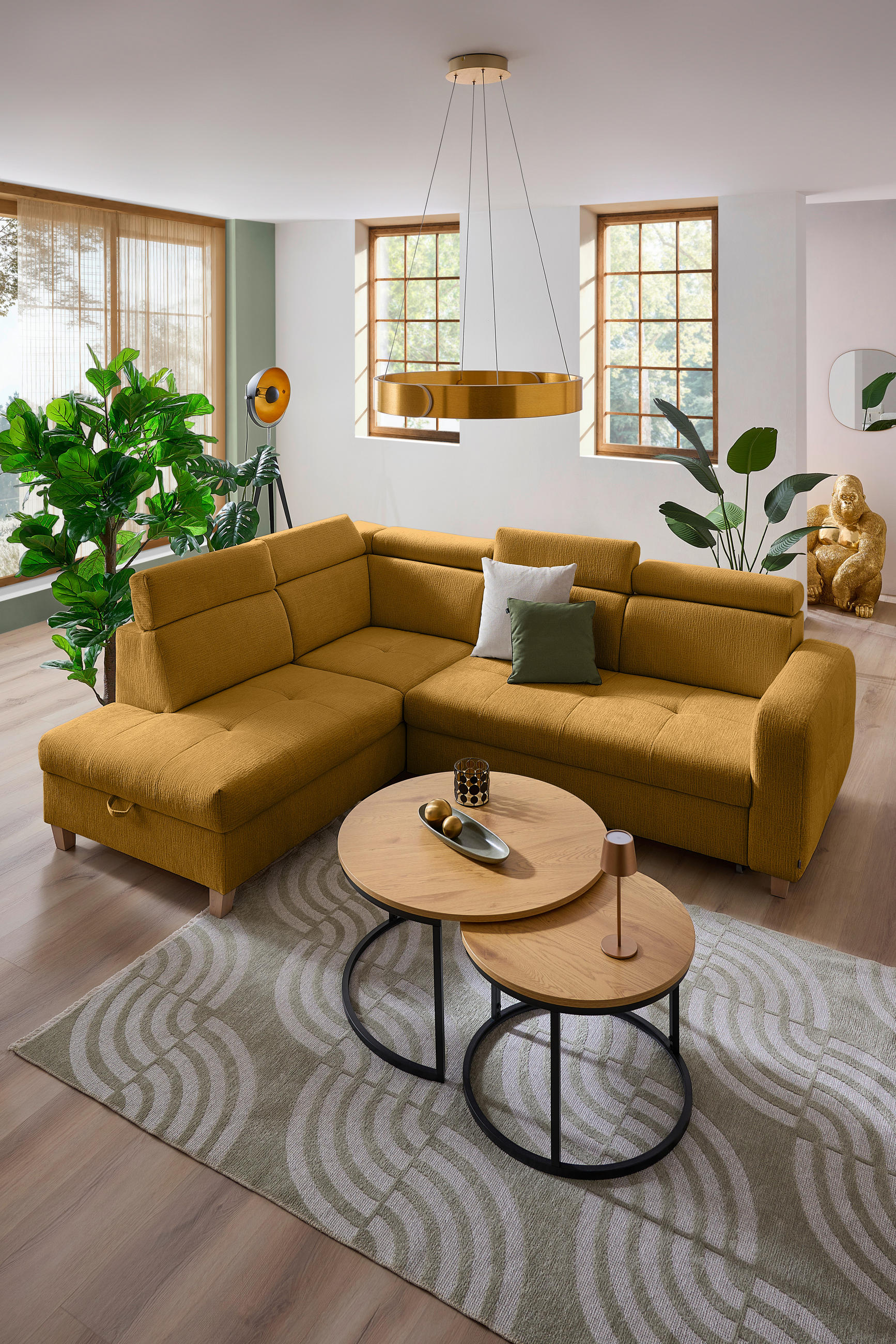 ECKSOFA inkl. Funktionen Senfgelb Samt  - Senfgelb, Natur, Holz/Textil (206/261cm) - Venda