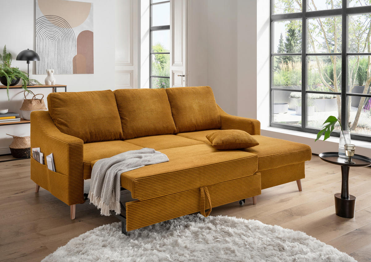 ECKSOFA Cord Goldfarben  - Goldfarben/Naturfarben, Design, Holz/Textil (228/150cm) - P & B