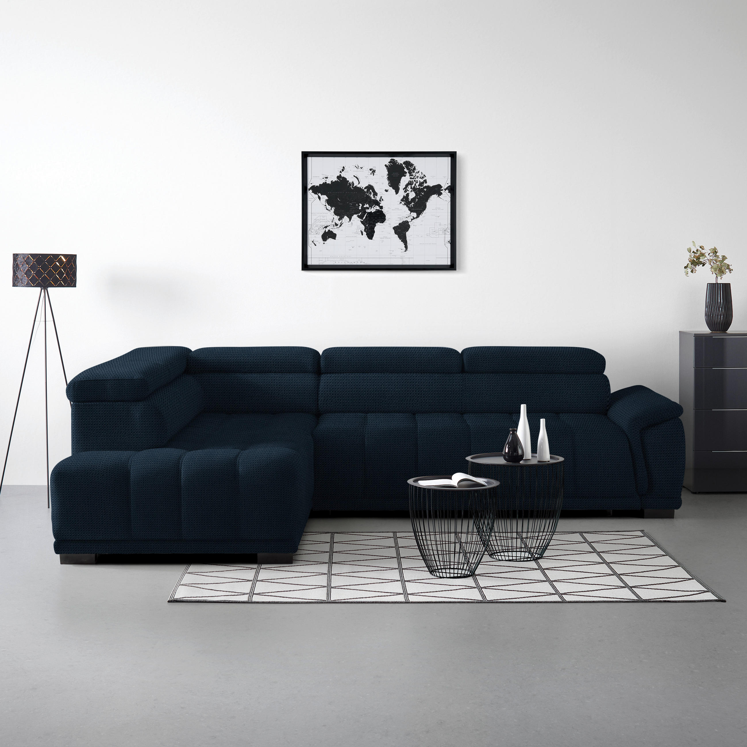 HÖRNSOFFA i chenille, vävt tyg mörkblå  - svart/mörkblå, Modern, textil/plast (106/283cm) - MID.YOU