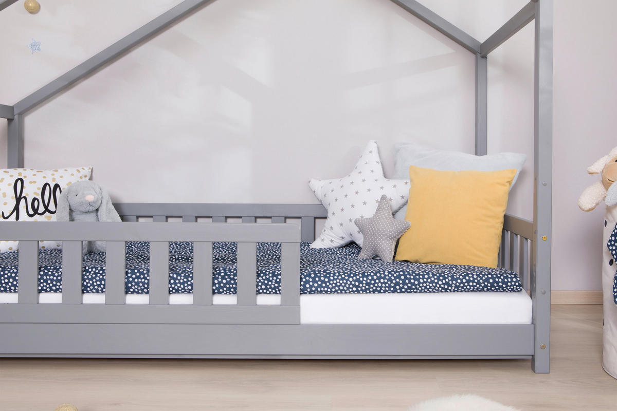 HAUSBETT 120/200 cm,  in Hellgrau, Absturzsicherung, Rollrost  - Hellgrau/Naturfarben, MODERN, Holz (120/200cm) - MID.YOU