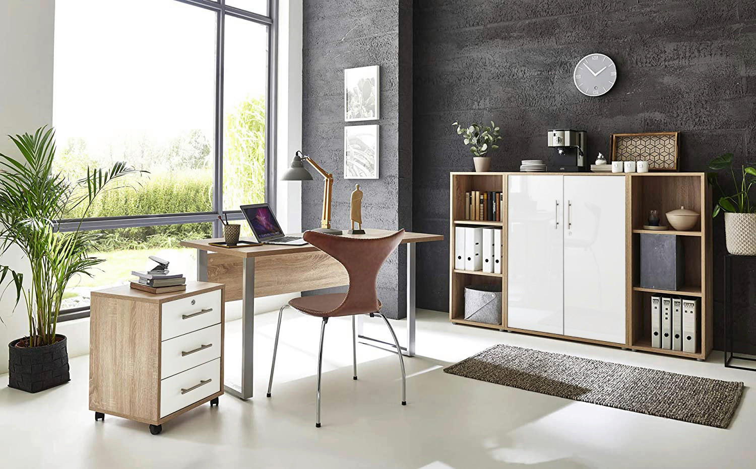 BÜRO erweiterbar, abschließbar Sonoma Eiche, Weiß Hochglanz - Weiß Hochglanz/Sonoma Eiche, MODERN, Holzwerkstoff/Metall - MID.YOU