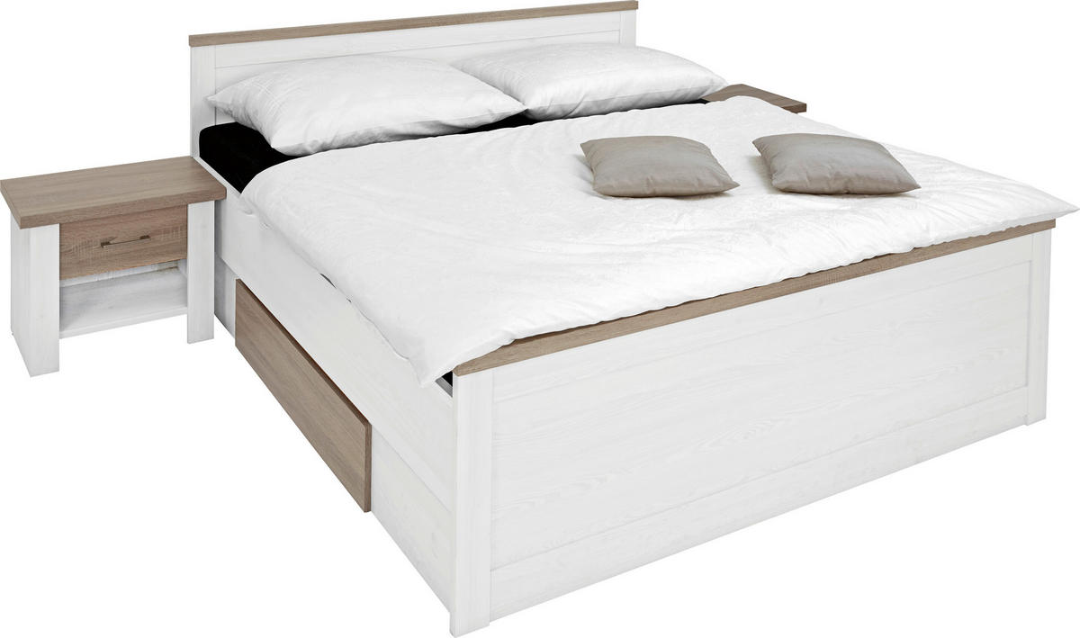 RAM KREVETA SA NOĆNIM STOČIĆEM 180/200 cm     bela, boja hrasta tartufa  - boja hrasta tartufa/bela, Dizajnerski, pločasti materijal (180/200cm) - Carryhome