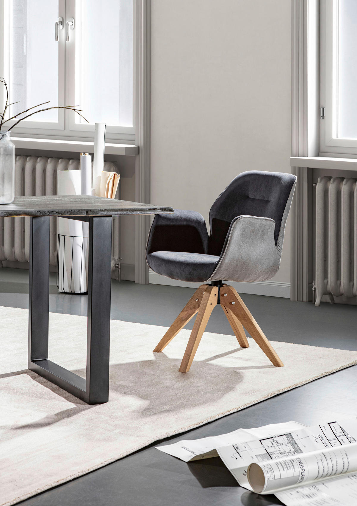 SESSEL Flachgewebe Hellgrau, Dunkelgrau    - Eichefarben/Dunkelgrau, MODERN, Holz/Textil (59/87/63cm) - Livetastic