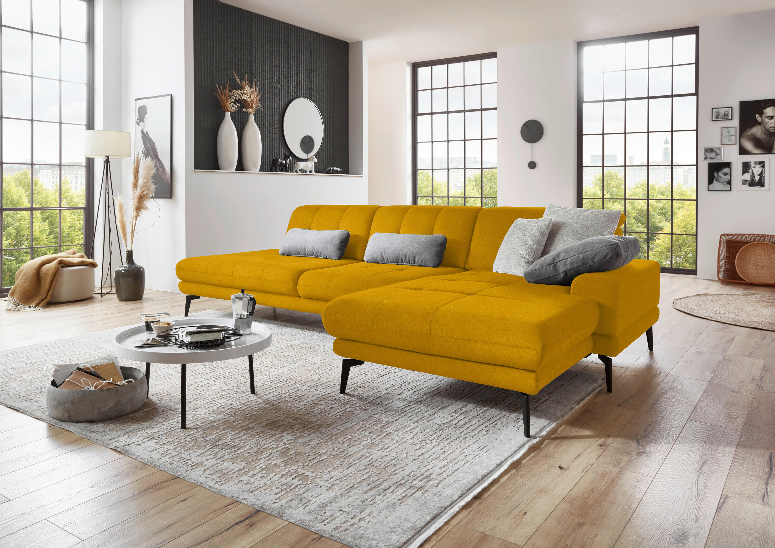 ECKSOFA in Flachgewebe Currygelb  - Currygelb/Schwarz, Design, Textil/Metall (309/190cm) - Beldomo Style