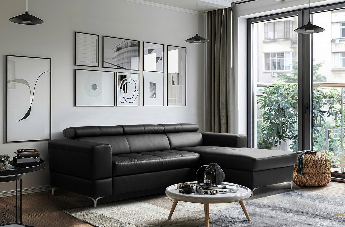 ECKSOFA  in Lederlook Echtleder Schwarz  - Schwarz, Design, Leder/Textil (247/173cm) - Livetastic