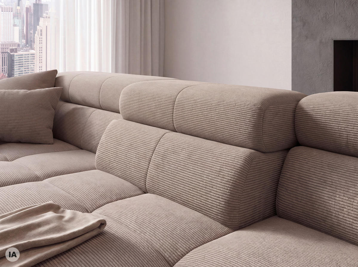 ECKSOFA Sandfarben Feincord Rücken echt, Kopfteilverstellung, Sitztiefenverstellung  - Sandfarben/Schwarz, KONVENTIONELL, Textil/Metall (226/293cm) - Hom`in