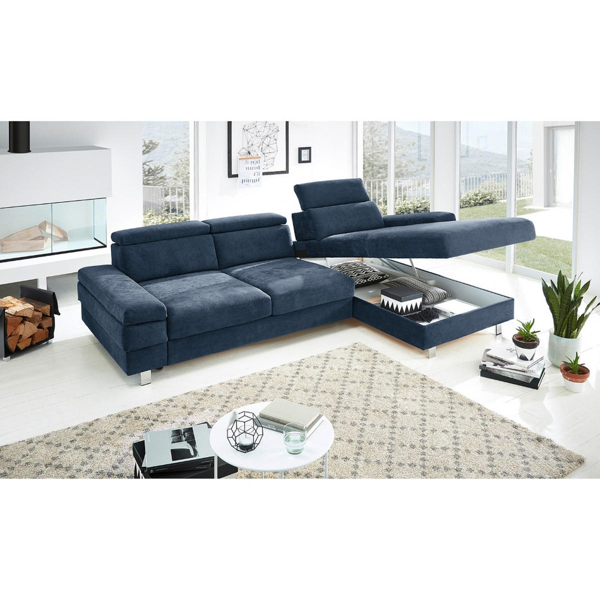 ECKSOFA in Webstoff Dunkelblau  - Silberfarben/Dunkelblau, Konventionell, Textil/Metall (182/82/260cm) - Trendmanufaktur