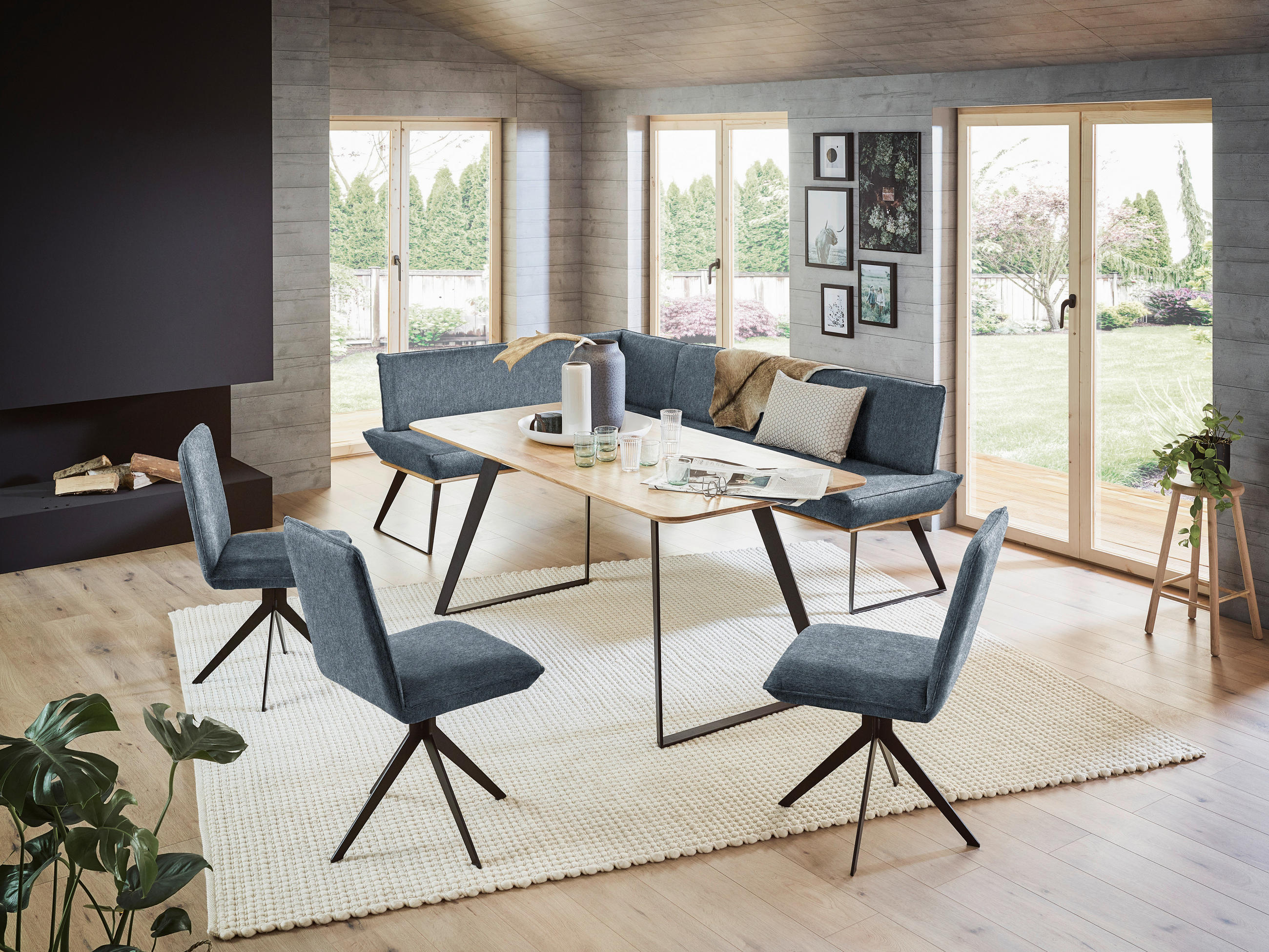 ECKBANK 163/223 cm Webstoff Anthrazit, Schwarz, Eichefarben Eiche massiv Metall   - Eichefarben/Anthrazit, Design, Holz/Textil (163/223cm) - Voleo
