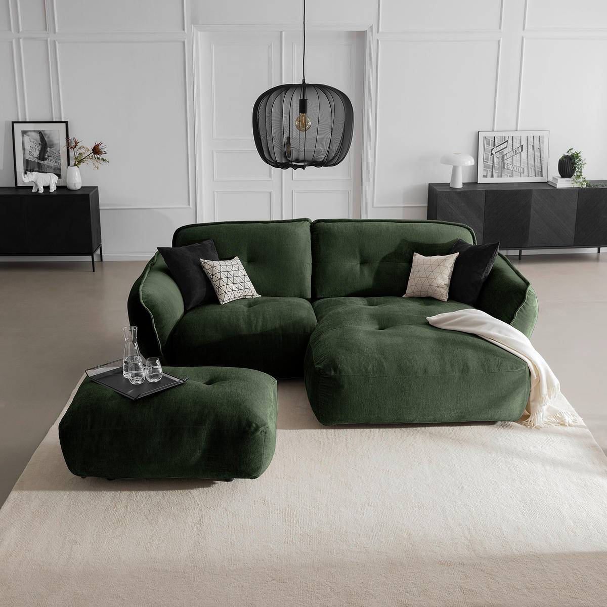 HOCKER in Textil Dunkelgrün  - Dunkelgrün/Schwarz, Modern, Kunststoff/Textil (102/46/65cm) - Trendmanufaktur