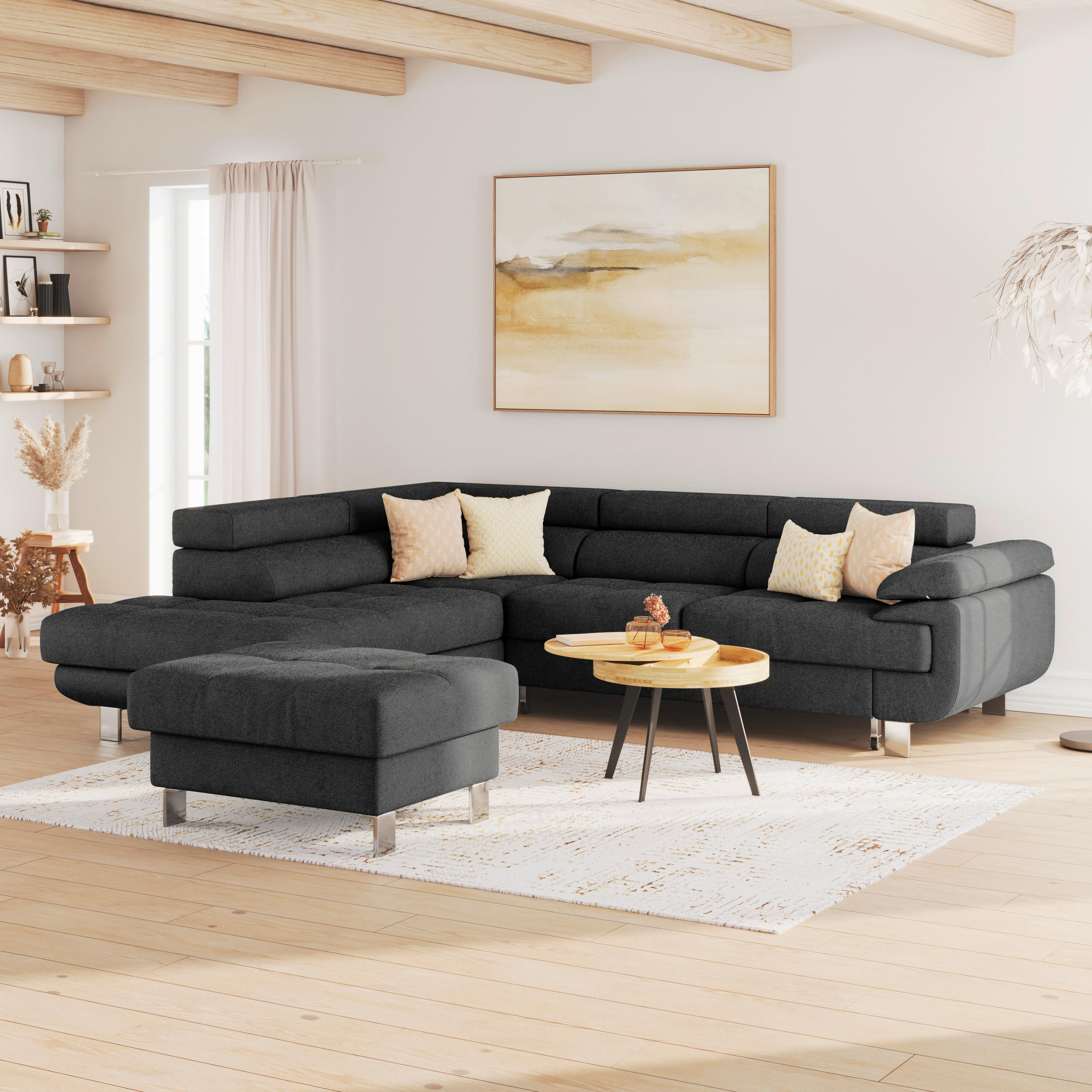 ECKSOFA Graphitfarben Drell  - Blaugrau/Graphitfarben, MODERN, Textil/Metall (230/270cm) - MID.YOU