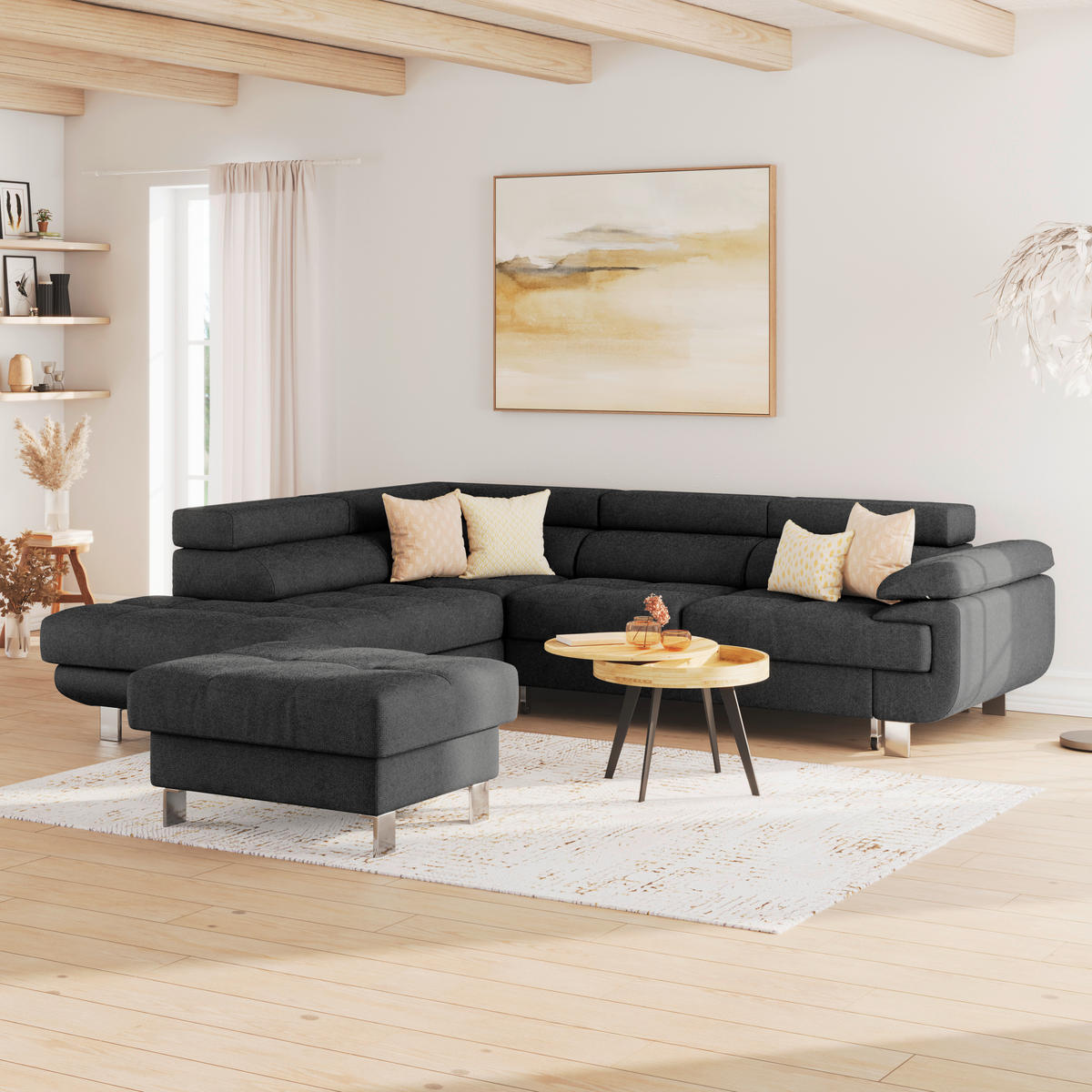 ECKSOFA in Drell Graphitfarben  - Blaugrau/Graphitfarben, Modern, Textil/Metall (230/270cm) - MID.YOU