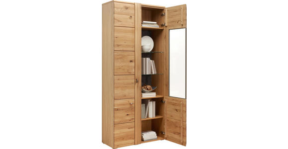VITRINE Eiche furniert, massiv Eichefarben - Eichefarben/Alufarben, KONVENTIONELL, Glas/Holz (89/205/38cm) - Voleo