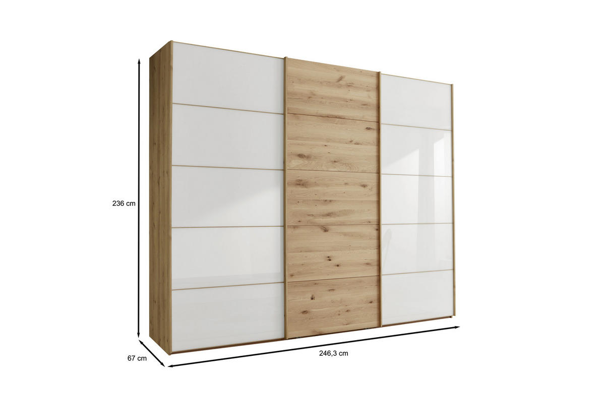 SCHWEBETÜRENSCHRANK in Weiss, Eiche Bianco  - Eiche Bianco/Weiss, Natur, Glas/Holz (250/236/67cm) - Linea Natura