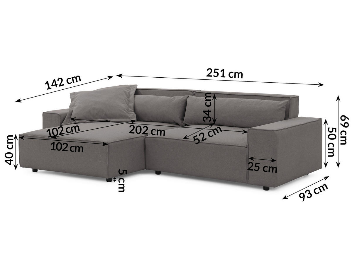ECKSOFA Webstoff Grau  - Schwarz/Grau, Design, Kunststoff/Textil (251/142cm) - P & B