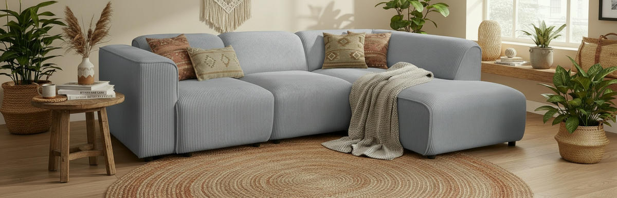 ECKSOFA ANTHONY in Cord Grau  275/163 cm  - Schwarz/Grau, Design, Kunststoff/Textil (275/163cm) - MID.YOU