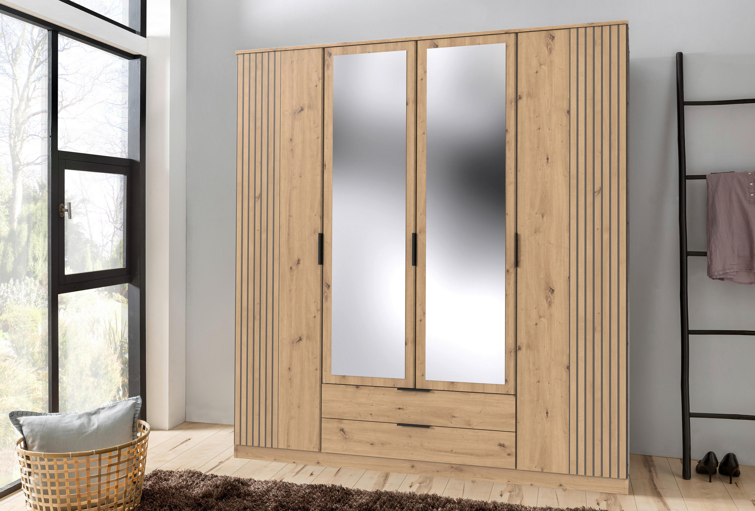 KLEIDERSCHRANK in Eiche Artisan  - Schwarz/Eiche Artisan, Konventionell, Glas/Holzwerkstoff (180/199/58cm) - Boxxx
