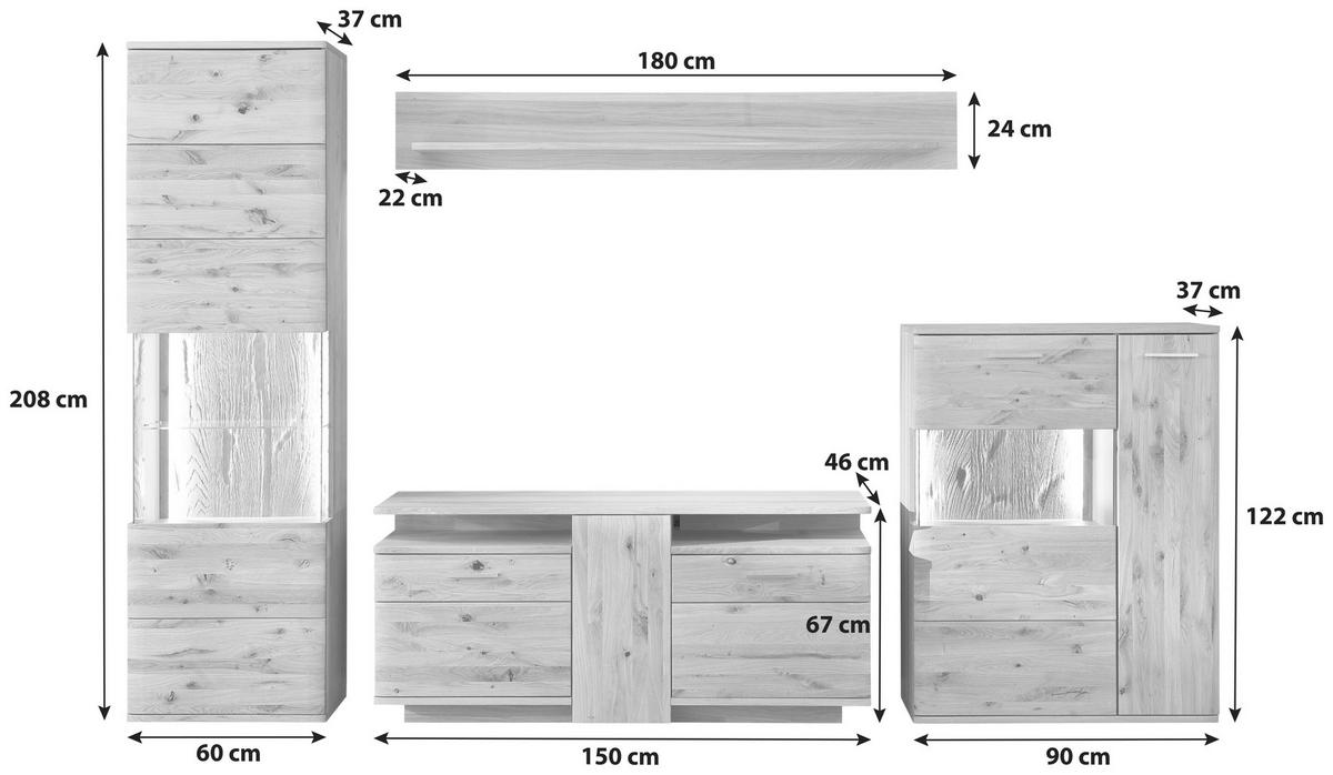 WOHNWAND  in Eichefarben 320/208/45 cm  - Eichefarben/Schwarz, Design, Glas/Holz (320/208/45cm) - Livetastic