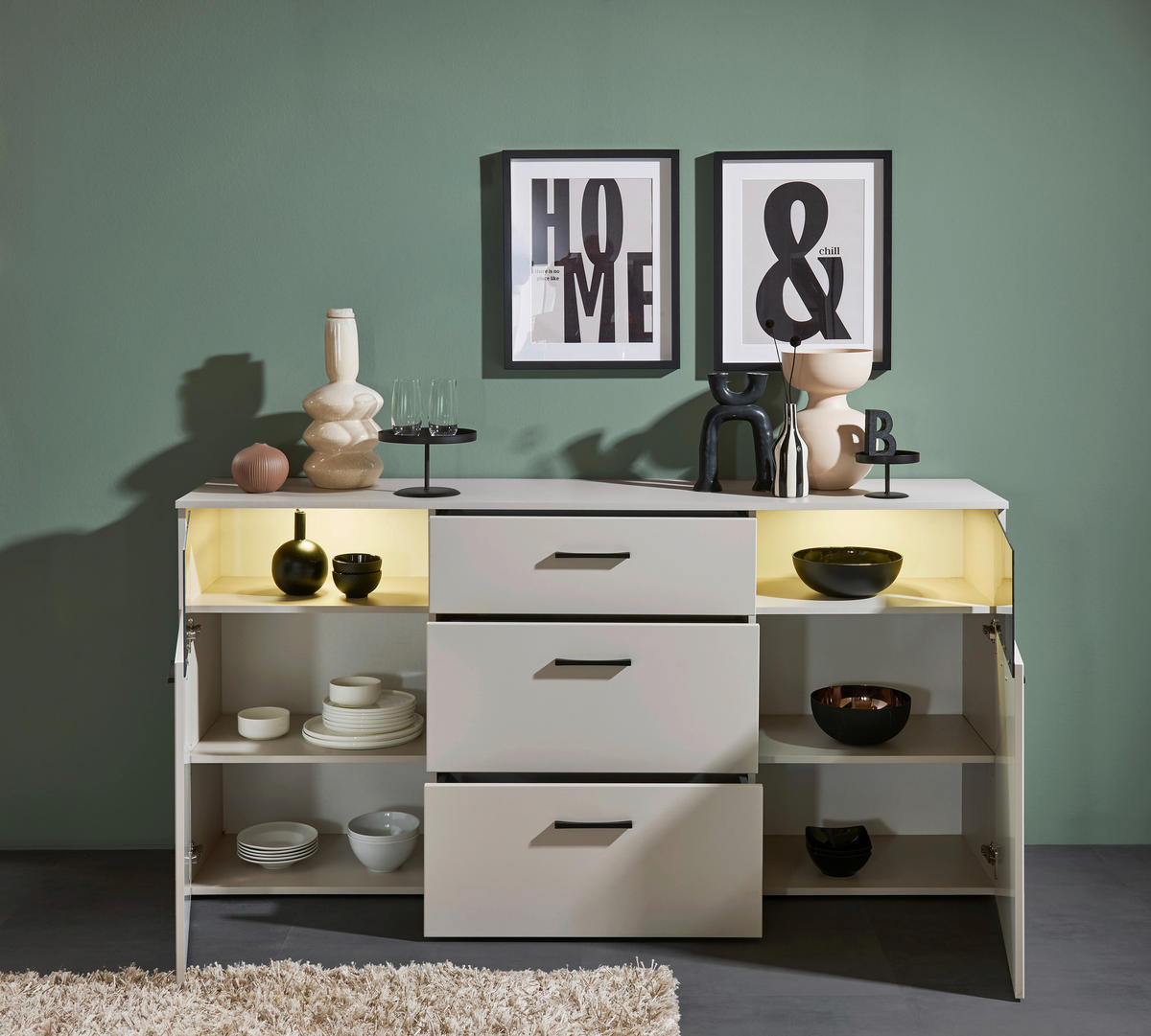SIDEBOARD  in 180/86/38 cm  - Kaschmir/Schwarz, Design, Glas/Holzwerkstoff (180/86/38cm) - MID.YOU