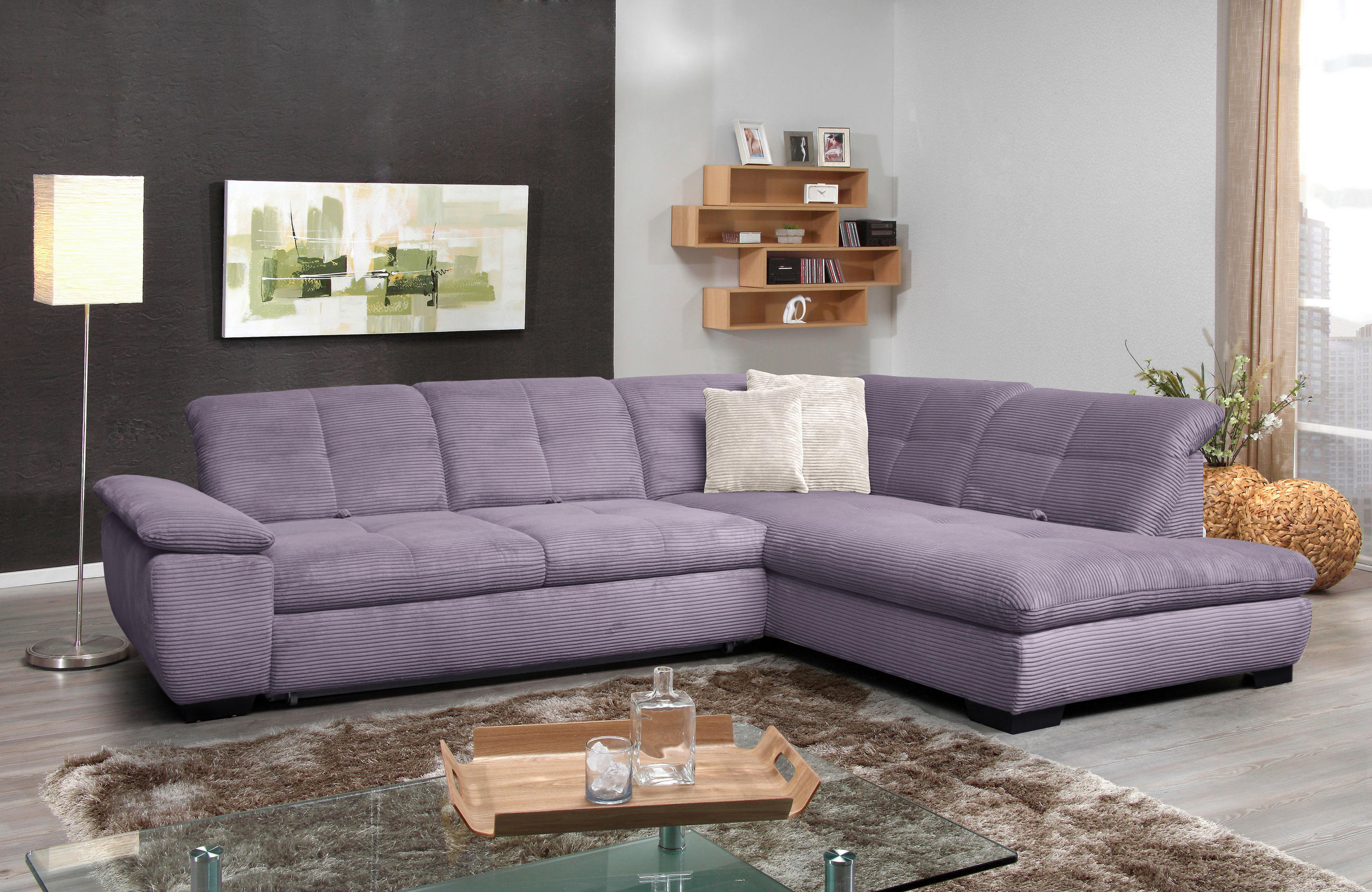 ECKSOFA Lila Cord  - Lila/Schwarz, Design, Textil/Metall (313/242cm) - Xora
