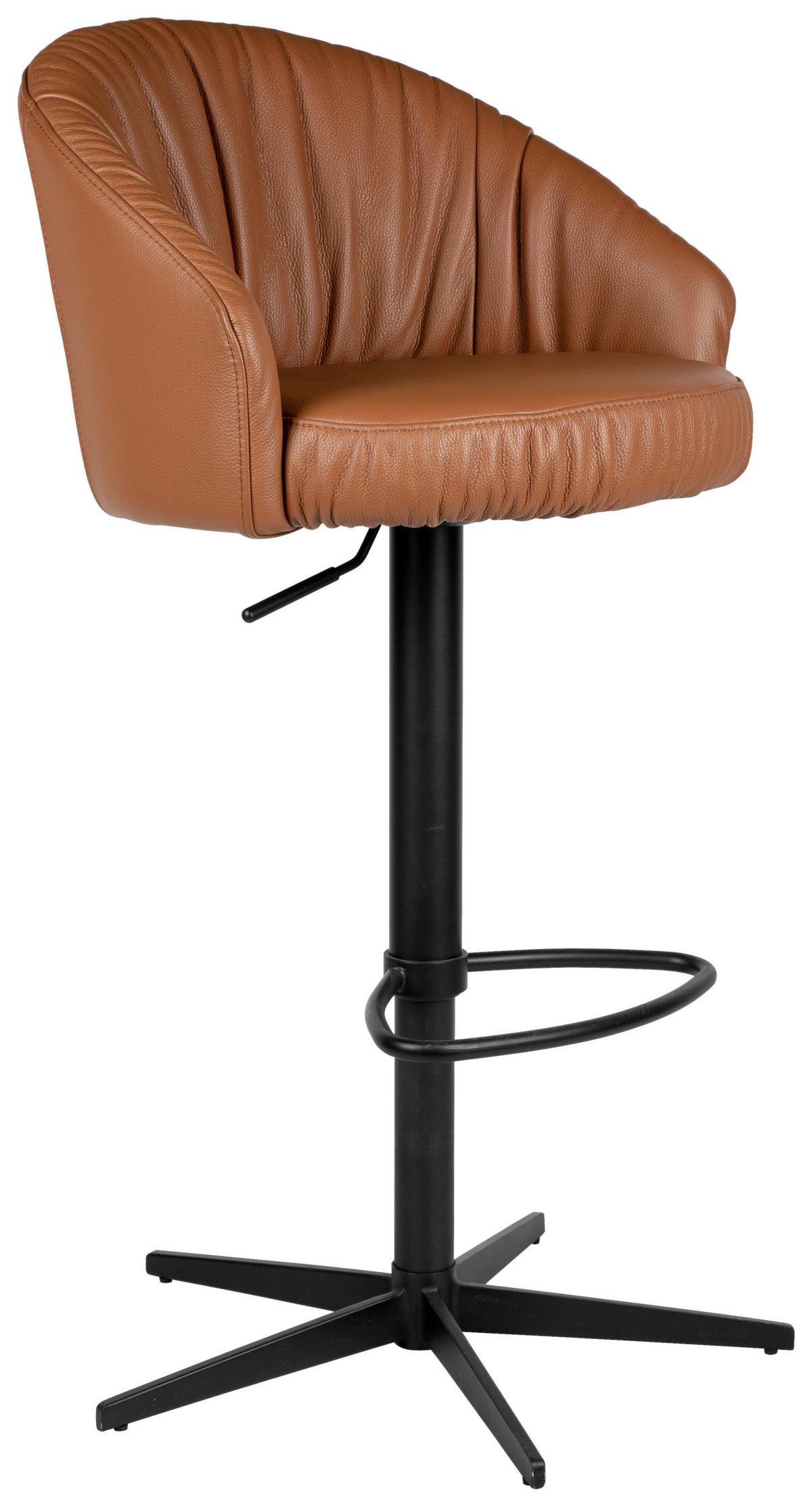 BARHOCKER Echtleder Schwarz, Cognac Eisen Sitzfläche 360° drehbar, inklusive Armlehnen, automatische Rückholfunktion  - Cognac/Schwarz, Design, Leder/Metall (57/96,5-114/58,5cm) - Dieter Knoll