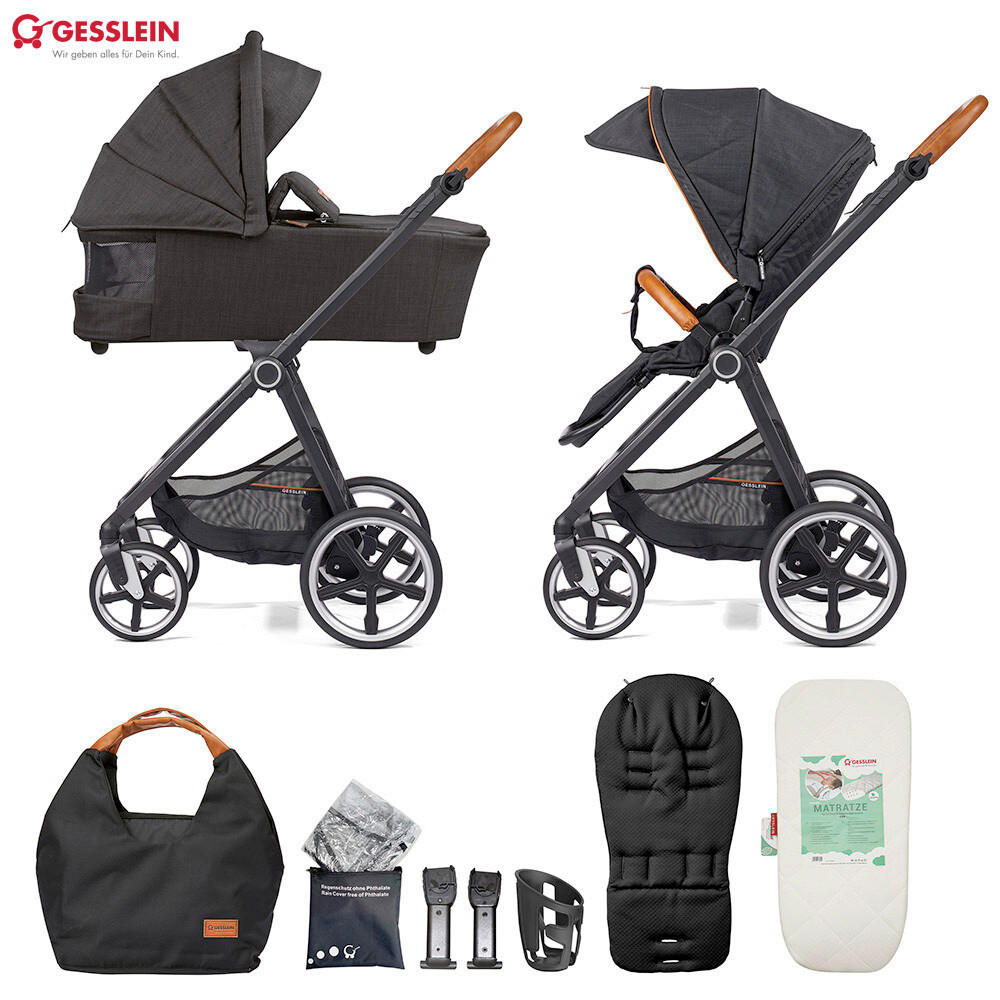 Gesslein Kinderwagenset Fusion Panorama Lyx Set inkl. Wickeltasche Schwarz 57x129x100 cm