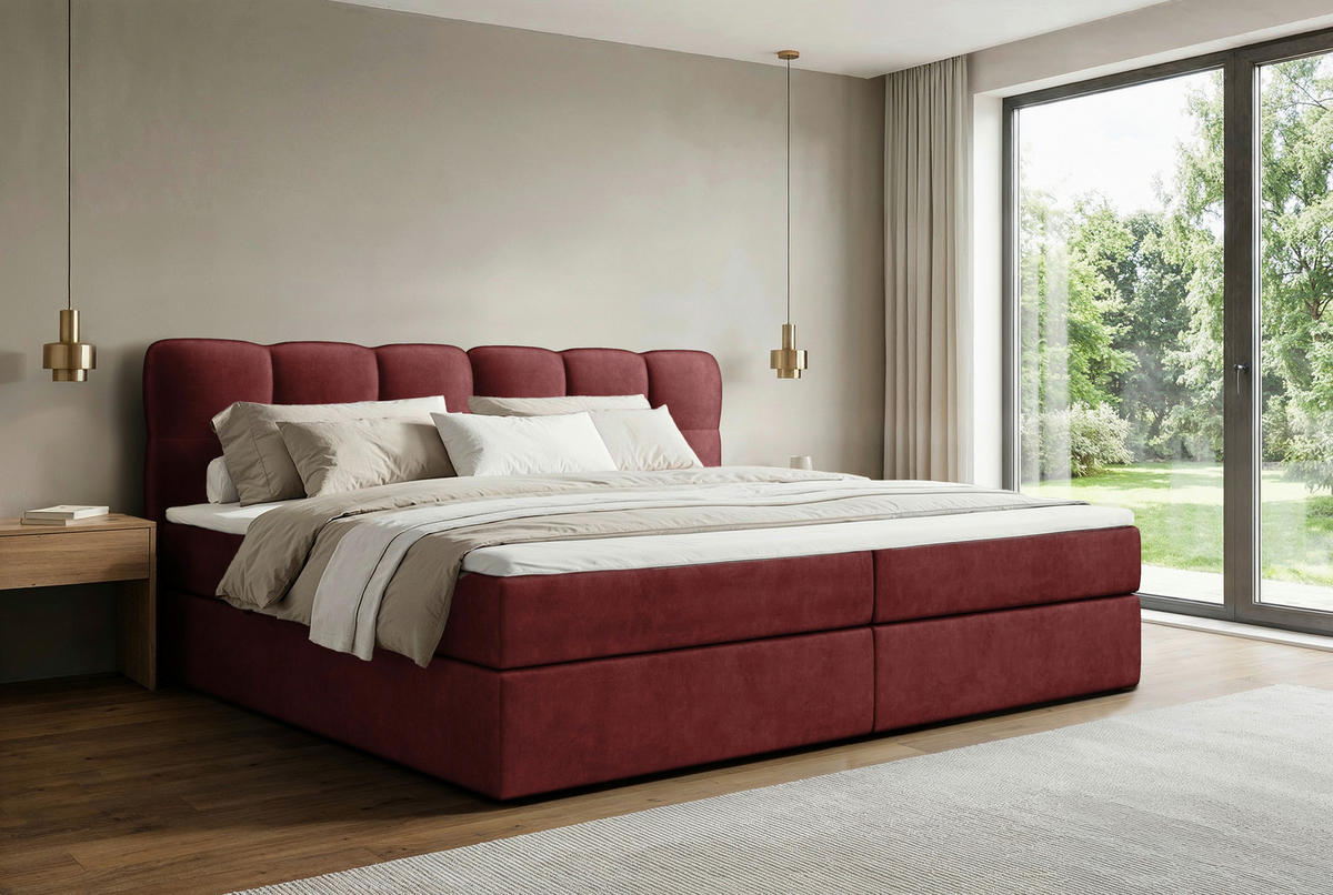 BOXBETT 240/200 cm,  in Bordeaux, Matratze, Bettkasten, Topper, H3 = fest  - Bordeaux/Schwarz, KONVENTIONELL, Kunststoff/Textil (240/200cm) - Chameo