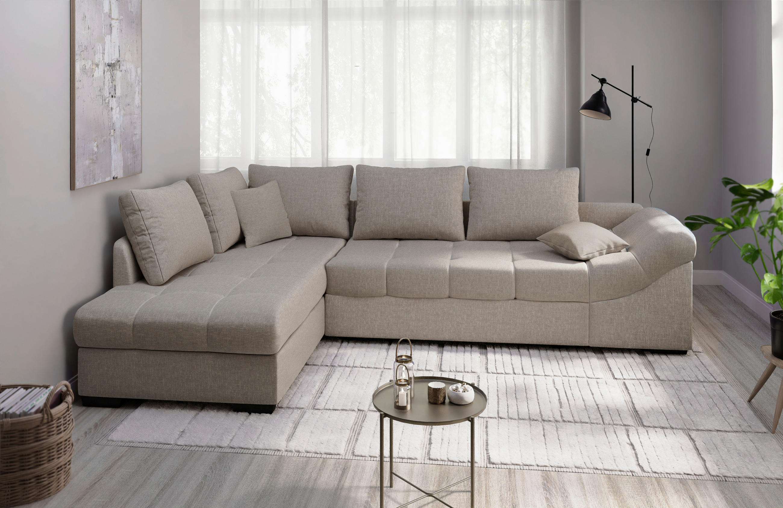 ECKSCHLAFSOFA in Mikrofaser Taupe  - Taupe/Schwarz, MODERN, Holz/Textil (202/298cm) - MID.YOU