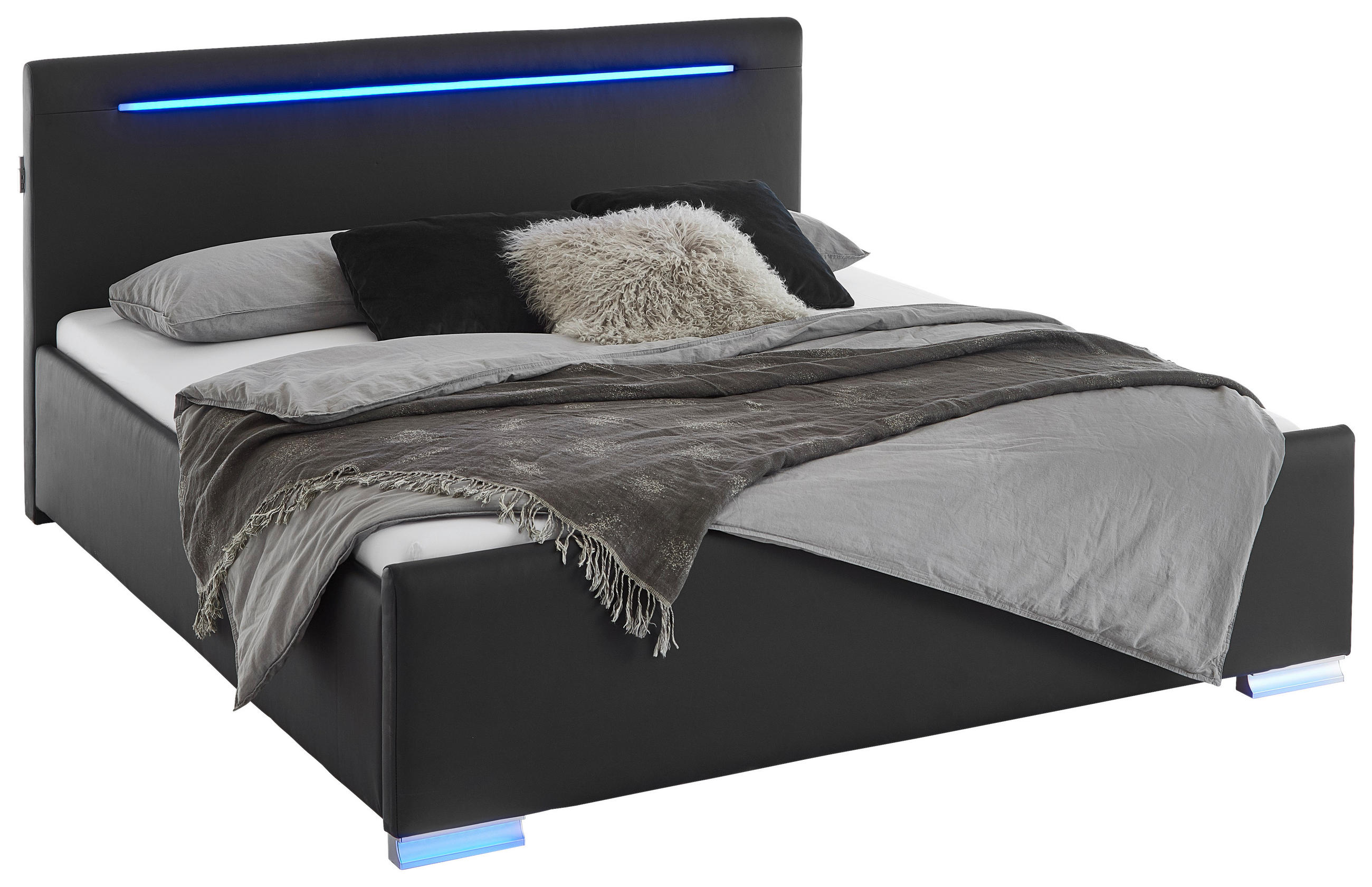 POLSTERBETT 180/200 cm,  in Schwarz, Beleuchtung,  - Silberfarben/Schwarz, Design, Kunststoff/Textil (180/200cm) - Boxxx