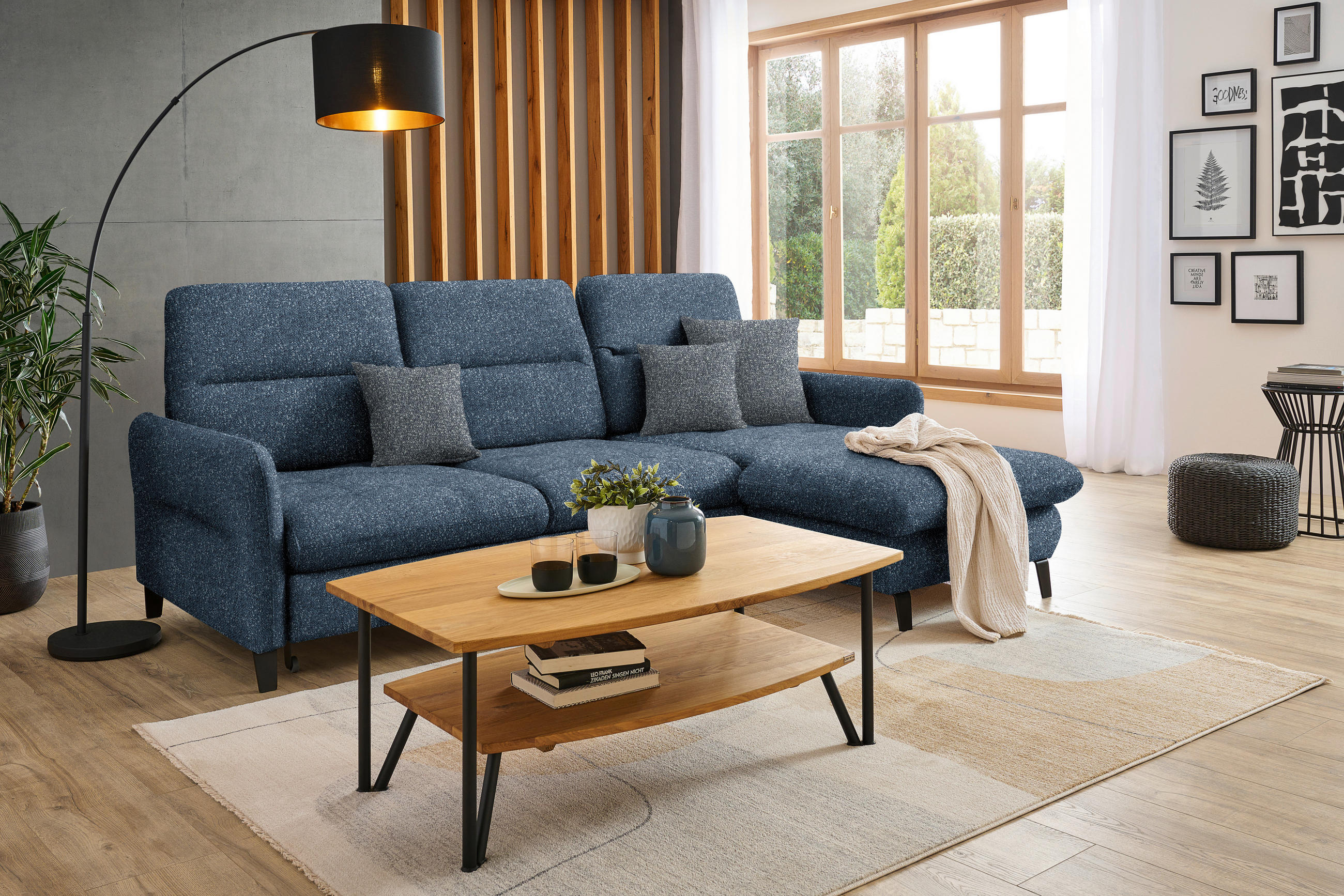 ECKSOFA Blau Plüsch  - Blau/Schwarz, KONVENTIONELL, Textil/Metall (254/190cm) - Livetastic