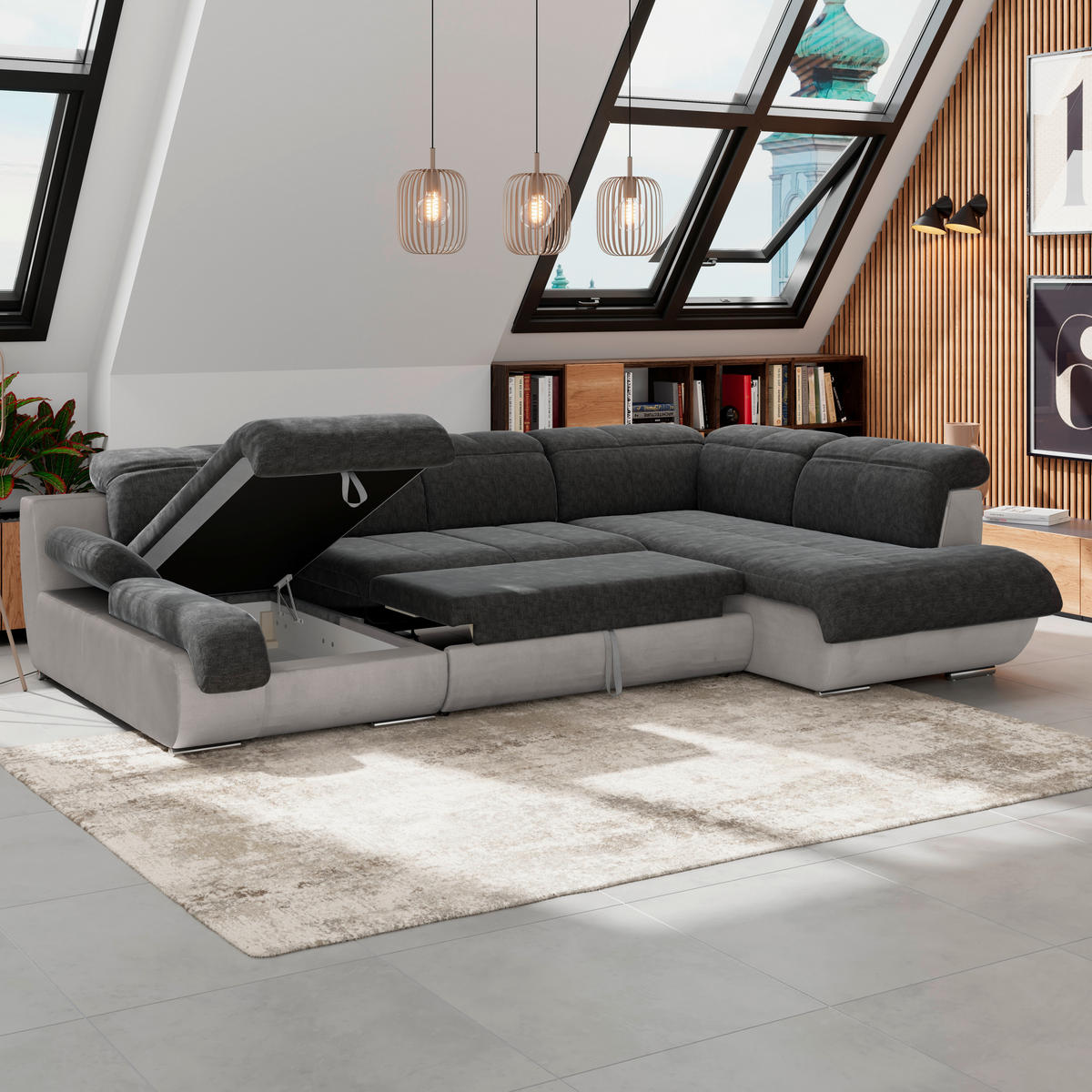 WOHNLANDSCHAFT in Webstoff Anthrazit, Grau  - Chromfarben/Anthrazit, Modern, Textil/Metall (184/345/228cm) - MID.YOU