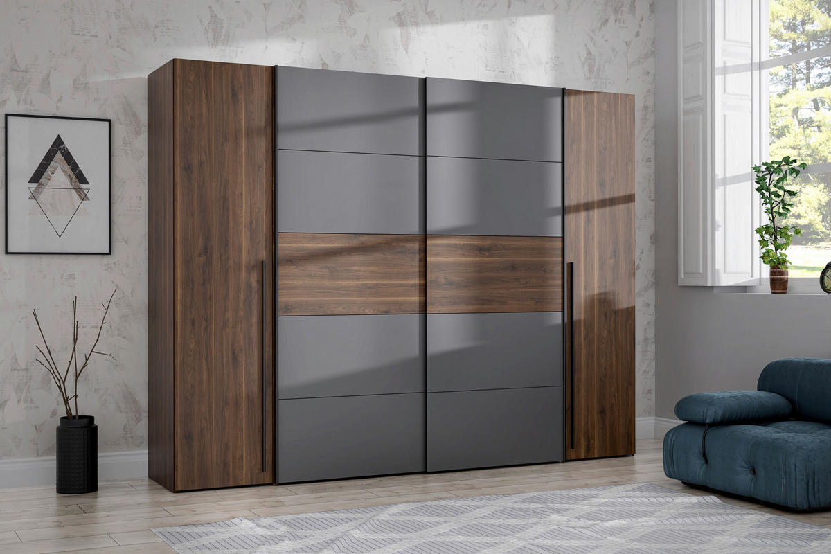 KLEIDERSCHRANK 270/210/61 cm 4-türig Grau, Walnussfarben  - Walnussfarben/Schwarz, MODERN, Holzwerkstoff/Kunststoff (270/210/61cm) - MID.YOU