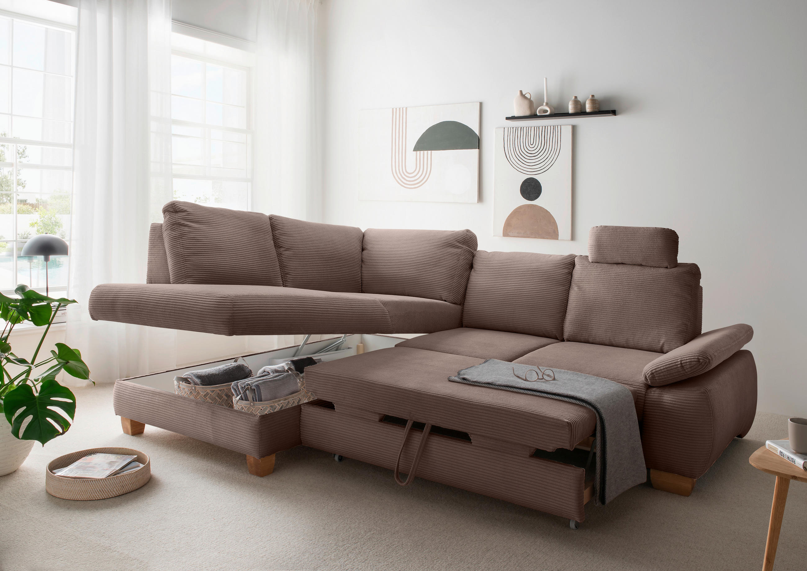 ECKSCHLAFSOFA Cord Graubraun  - Wildeiche/Graubraun, MODERN, Holz/Textil (206/261cm) - Livetastic