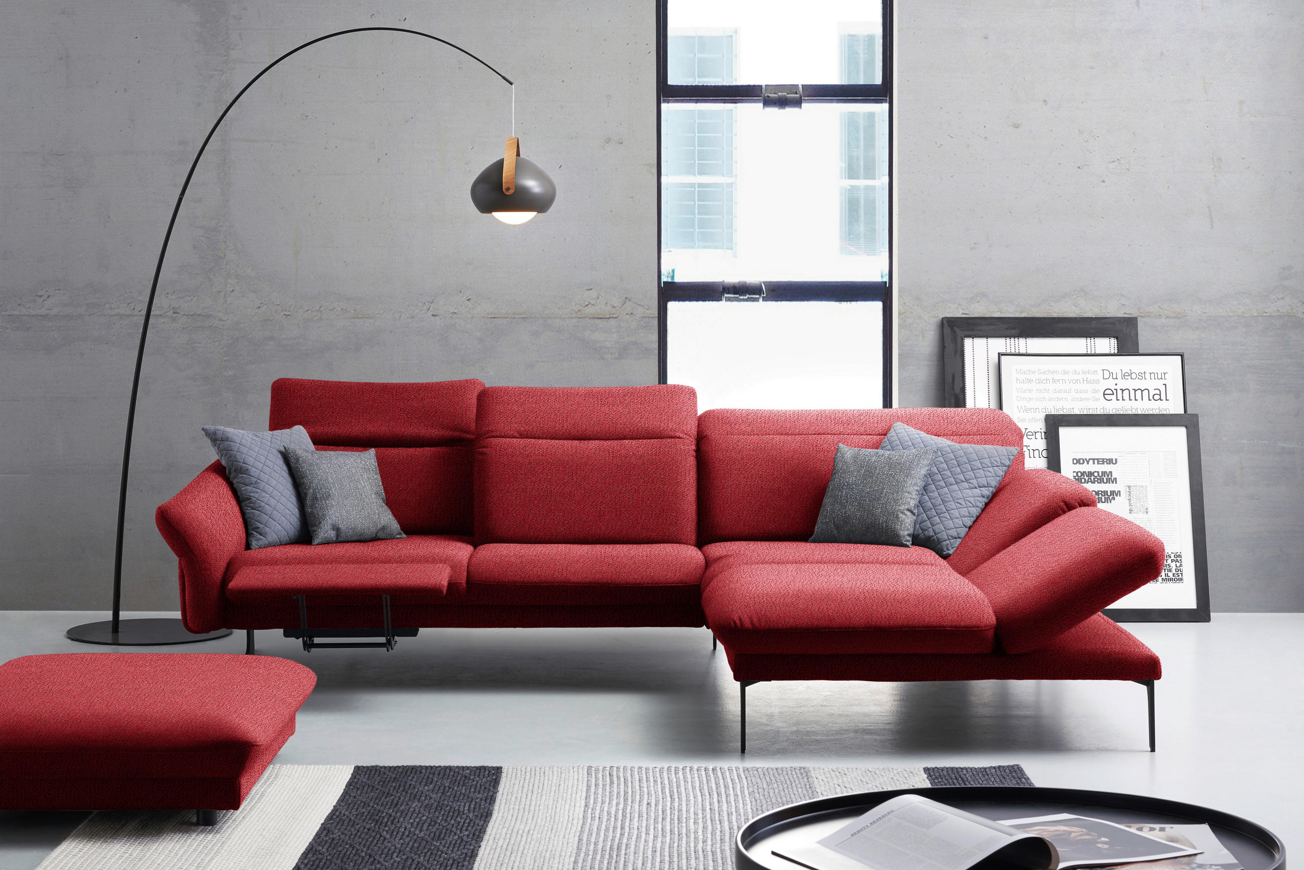 ECKSOFA in Webstoff Rot  - Anthrazit/Rot, Design, Textil/Metall (299/203cm) - Himolla