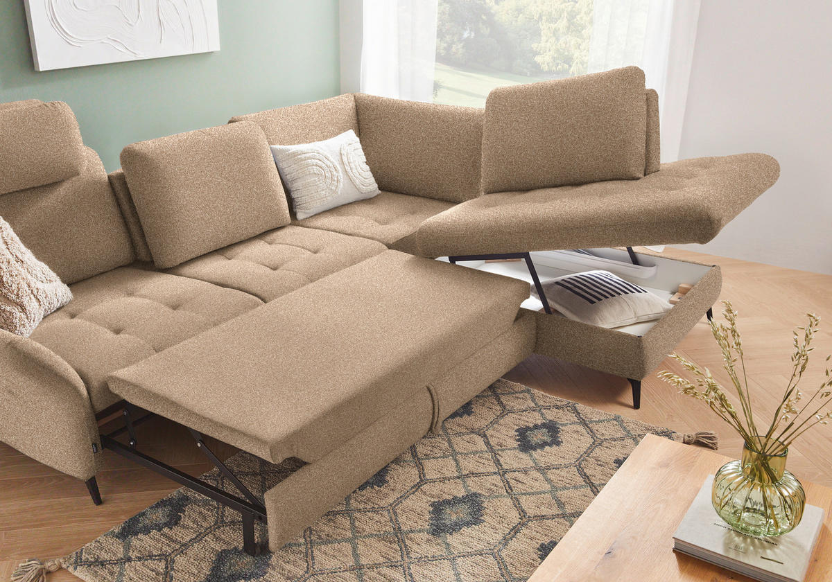 ECKSOFA in Bouclé Hellbraun  - Hellbraun/Schwarz, Natur, Textil/Metall (288/233cm) - Valnatura