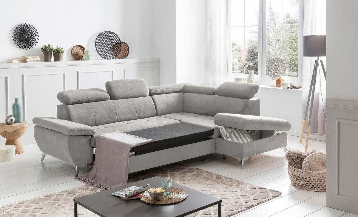ECKSOFA in Mikrofaser Grau  - Chromfarben/Grau, Konventionell, Textil/Metall (256/209cm) - Livetastic