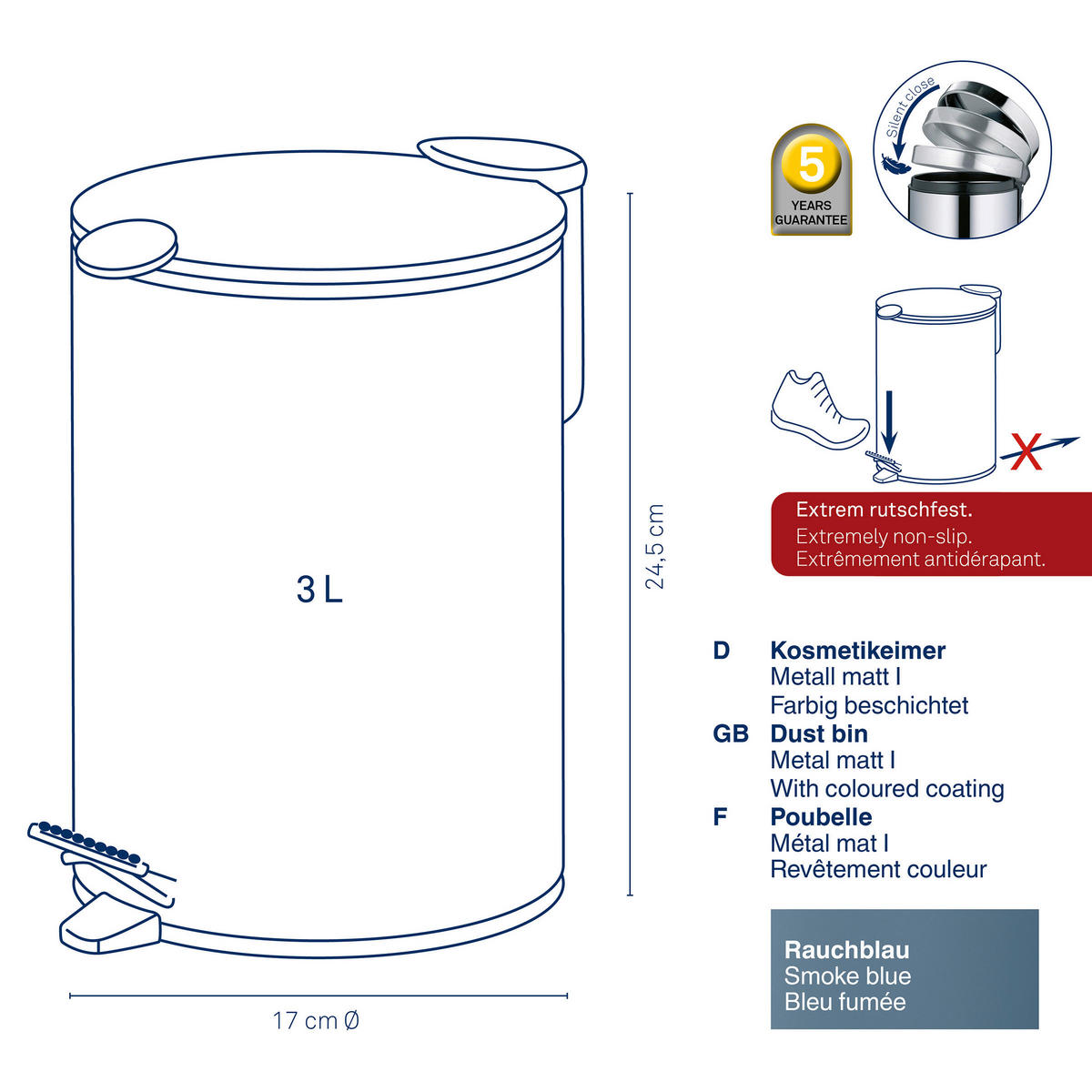 KOSMETIKEIMER MATS 3 L  - Blau/Schwarz, Basics, Kunststoff/Metall (17/24,5cm) - Kela