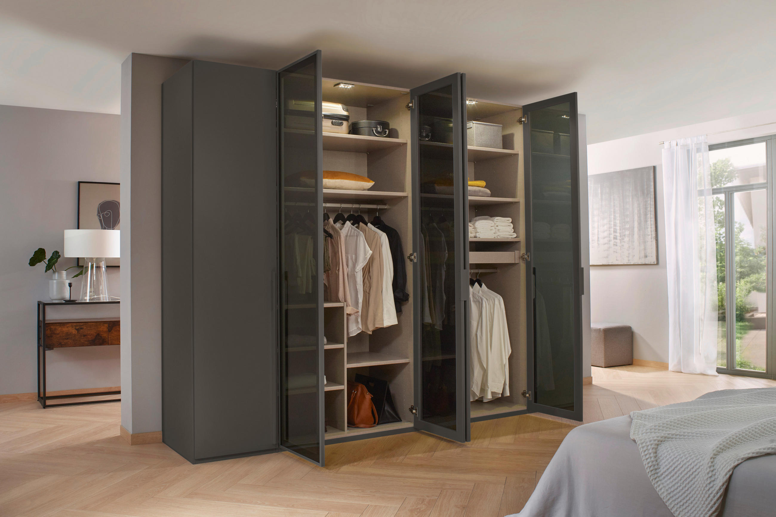 DREHTÜRENSCHRANK 301/223/60 cm 6-türig Graphitfarben  - Graphitfarben, Trend, Glas/Holzwerkstoff (301/223/60cm) - Novel