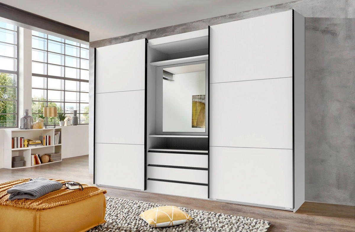 SCHWEBETÜRENSCHRANK in Silberfarben, Weiß  - Chromfarben/Silberfarben, MODERN, Glas/Holzwerkstoff (300/216/65cm) - P & B