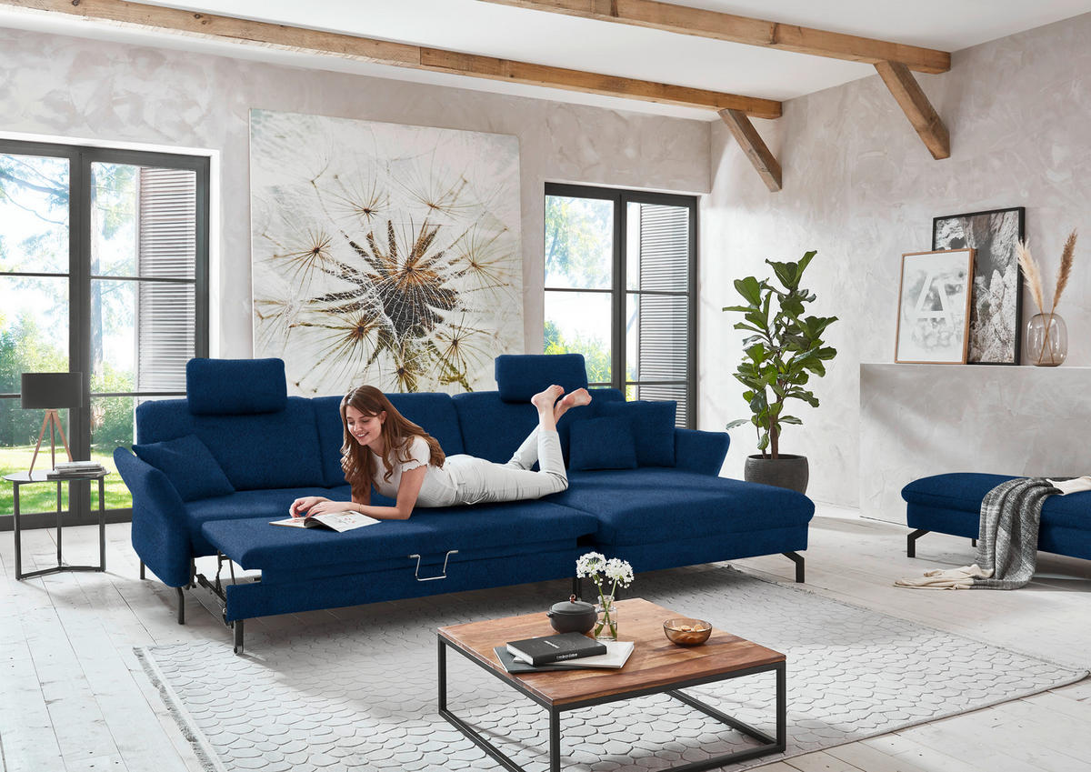ECKSOFA in Velours Dunkelblau  - Schwarz/Dunkelblau, Design, Textil/Metall (306/179cm) - Beldomo System