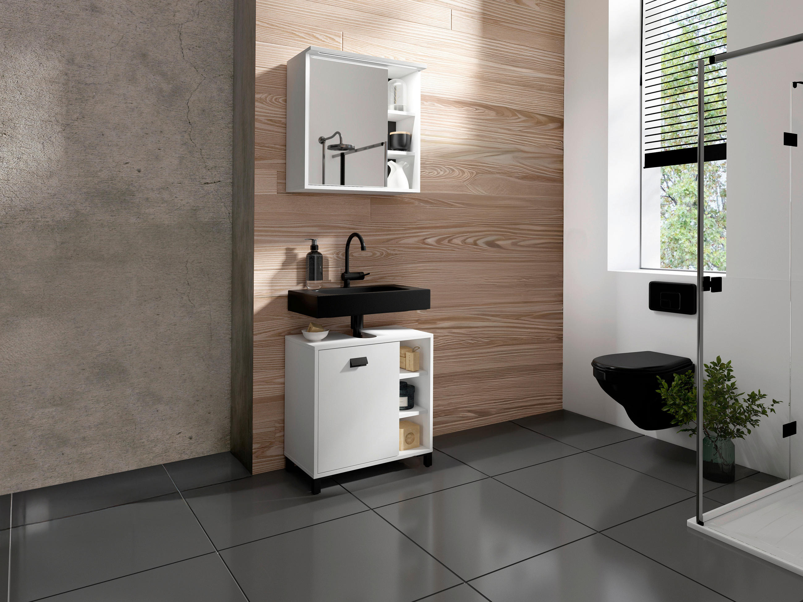 BADEZIMMER 2-teilig  in 60 cm  - Schwarz/Weiß, MODERN, Holzwerkstoff/Kunststoff (60cm) - MID.YOU