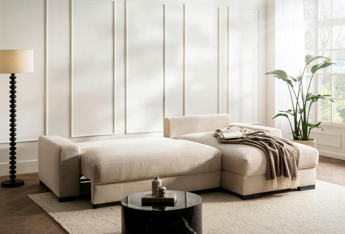 ECKSOFA in Cord Creme  - Creme/Schwarz, Design, Holz/Textil (264/184cm) - Stylife
