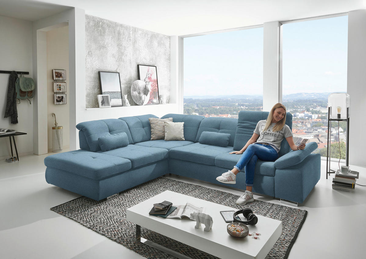 ECKSOFA Mikrofaser Hellblau  - Chromfarben/Hellblau, Design, Textil/Metall (260/312cm) - Beldomo Style