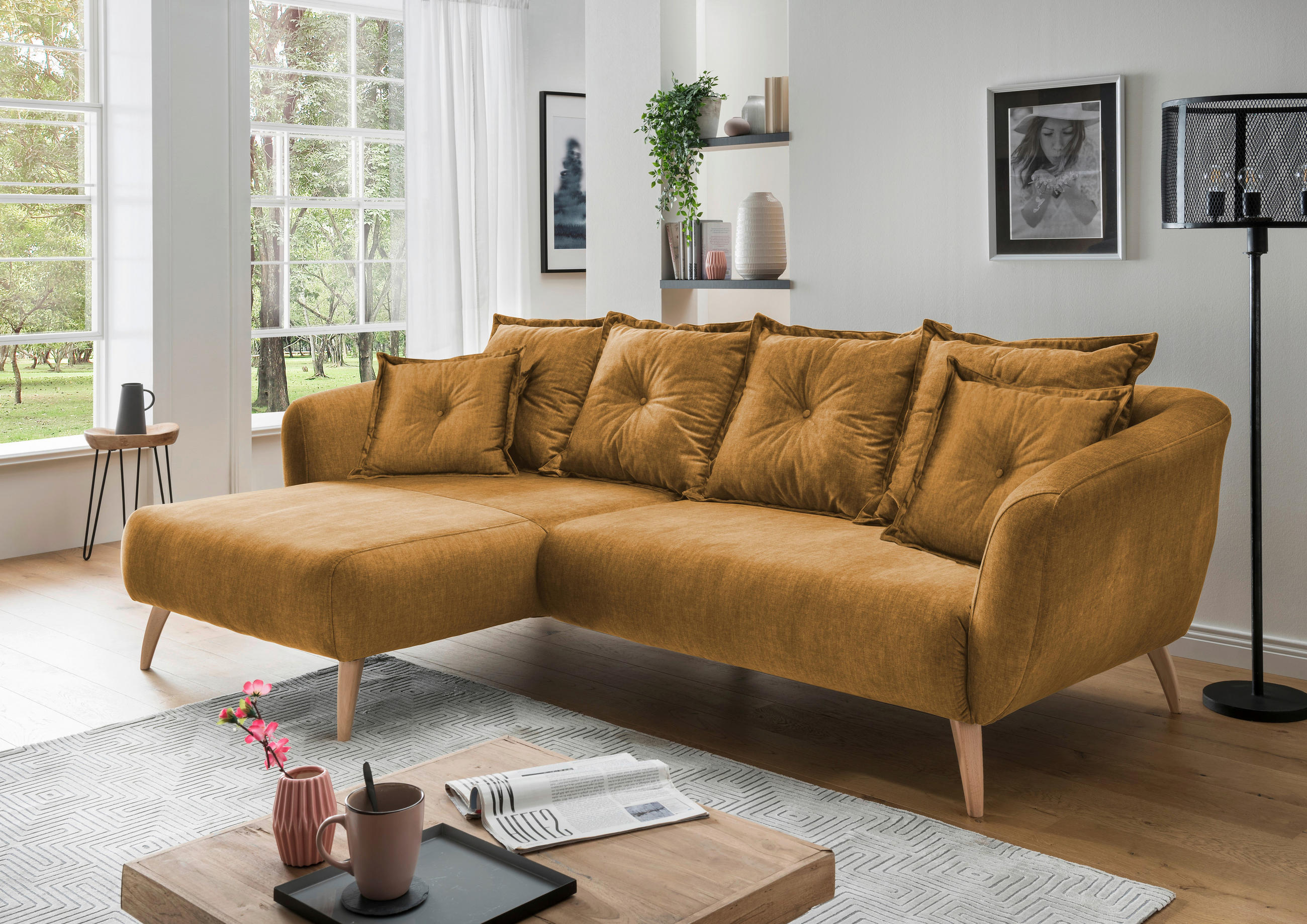 ECKSOFA Gelb Velours  - Gelb/Buchefarben, MODERN, Holz/Textil (162/277cm) - Livetastic