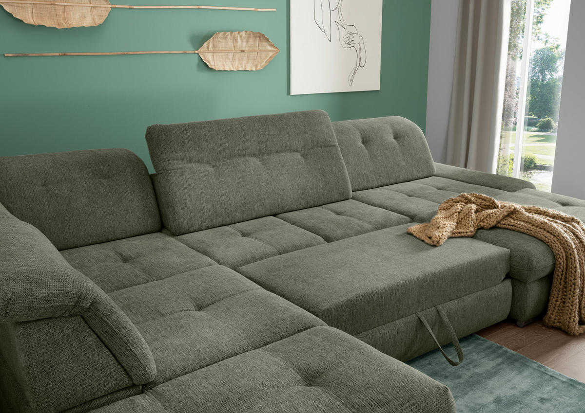 WOHNLANDSCHAFT in Chenille Dunkelgrün  - Chromfarben/Dunkelgrün, Design, Textil/Metall (254/376/195cm) - Livetastic