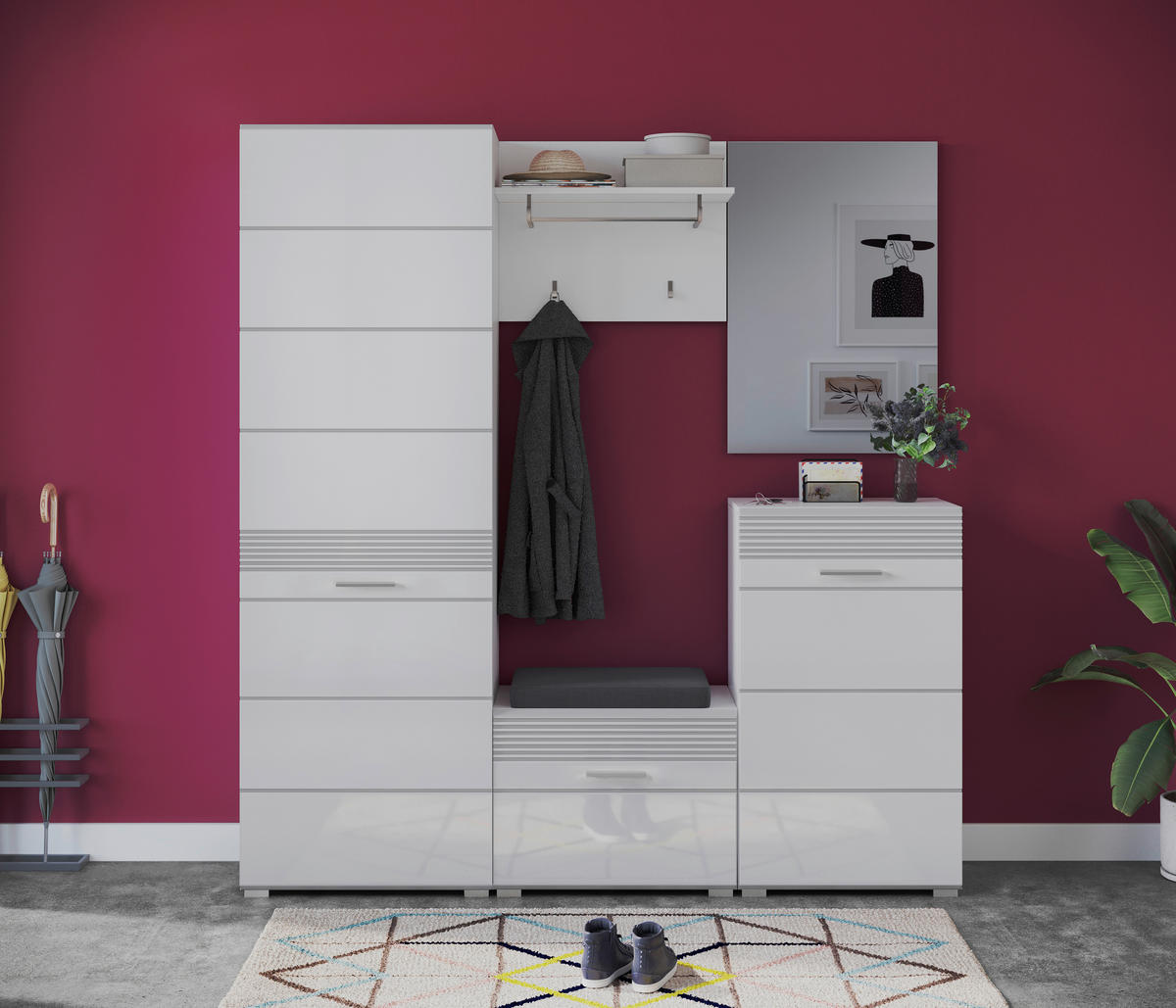 GARDEROBNA KLOP bela, bela, visoki sijaj - srebrne barve/bela, Design, umetna masa/leseni material (60/47/37cm) - Carryhome