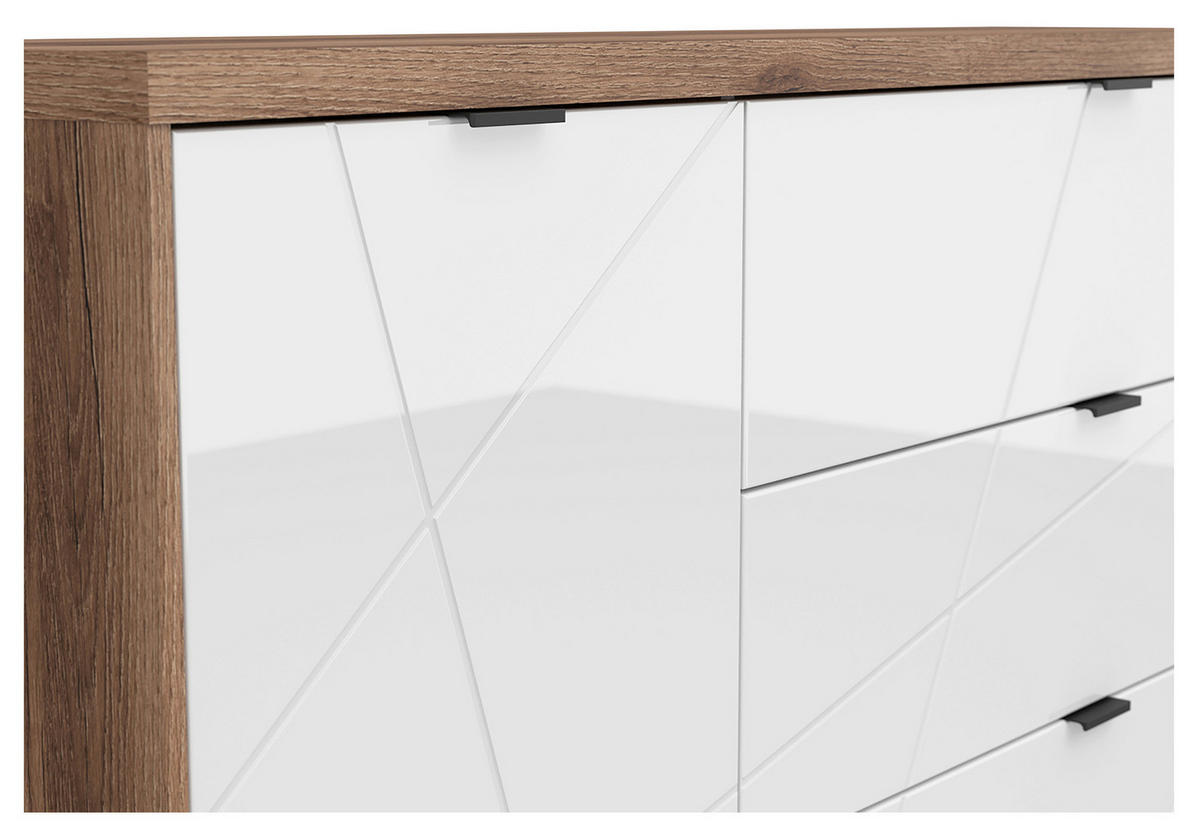 KOMODA, barve hrasta, bela, visoki sijaj  - črna/barve hrasta, Design, kovina/umetna masa (156/93/42,5cm) - Livetastic