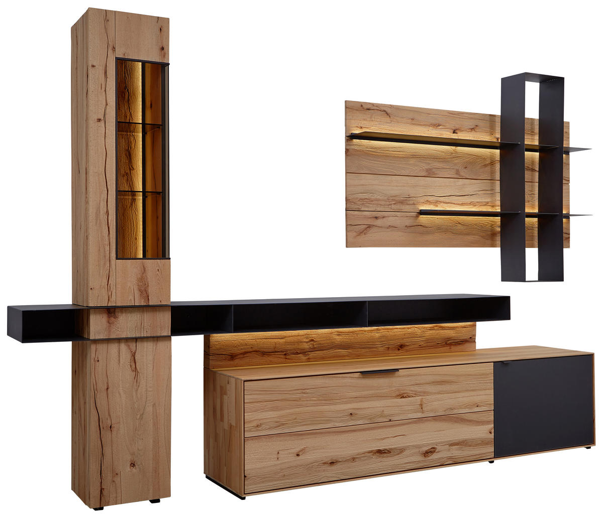 WOHNWAND  308/206/49 cm  in Anthrazit, Buchefarben  - Anthrazit/Buchefarben, Design, Glas/Holz (308/206/49cm) - Valnatura