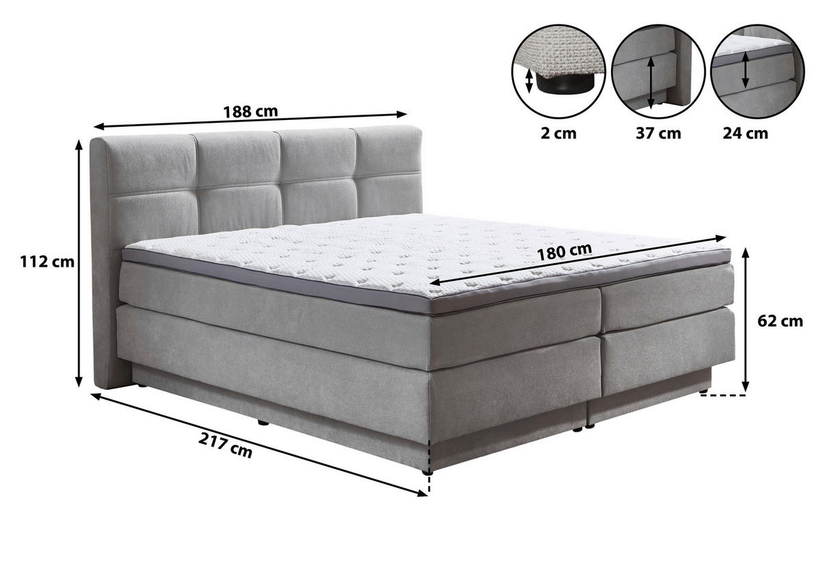 BOXSPRINGBETT 180/200 cm  in Hellgrau  - Hellgrau/Schwarz, KONVENTIONELL, Kunststoff/Textil (180/200cm) - Carryhome