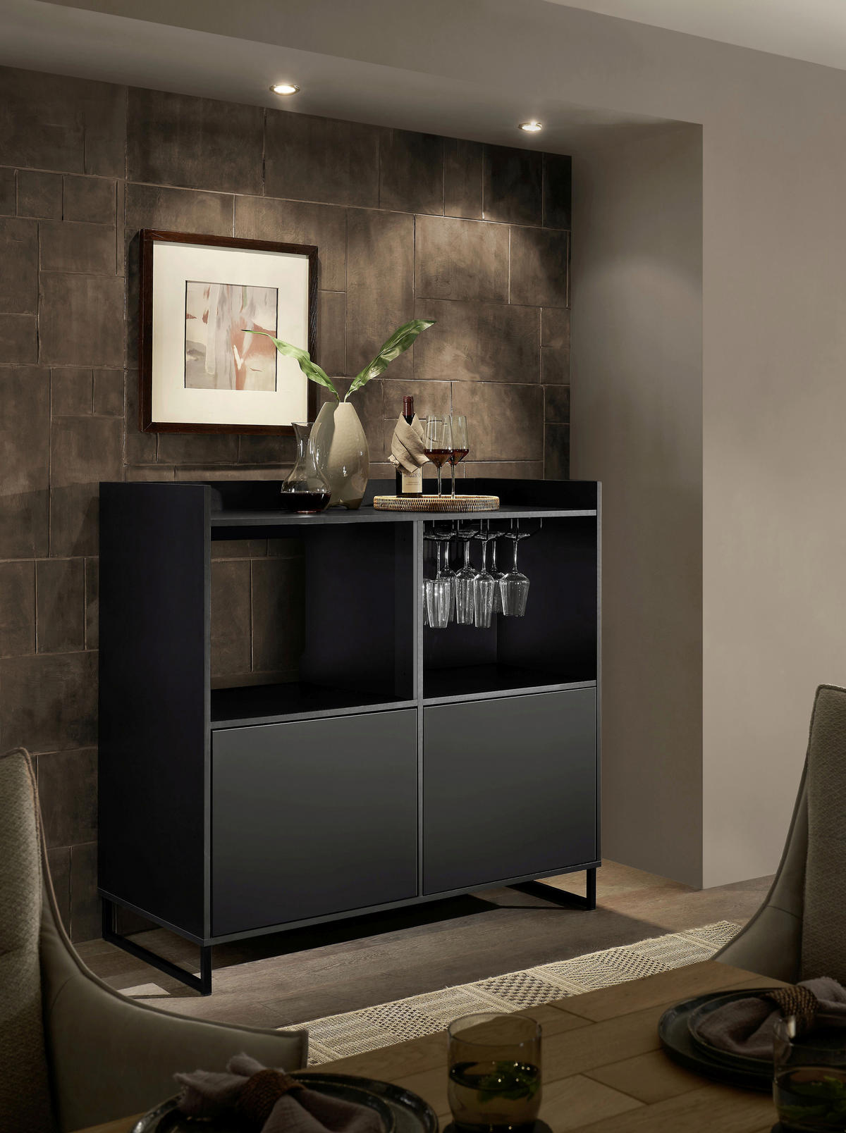 SIDEBOARD Mosel Weinschrank 125/120/58 cm  - Schwarz, KONVENTIONELL, Holzwerkstoff/Metall (125/120/58cm) - Carryhome